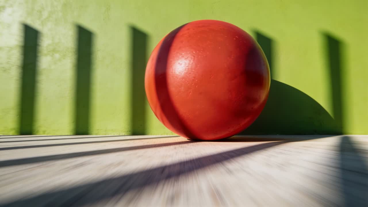 Bola karet merah bergulir setelah didorong, bergerak menuju kamera rendah hingga memenuhi bingkai, dengan bayangan bergaris-garis.