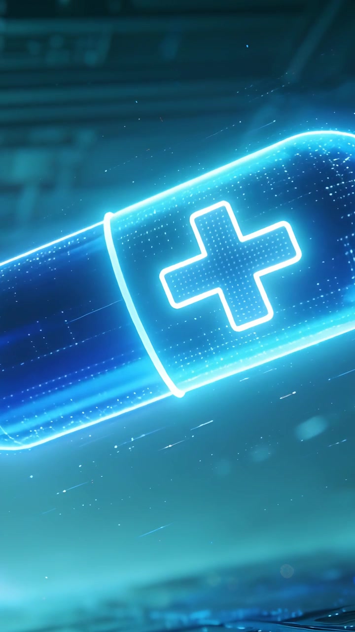 Vertical video: Pulsing hologram pill drifting, rotating above lab PCB, showing plus for med demo