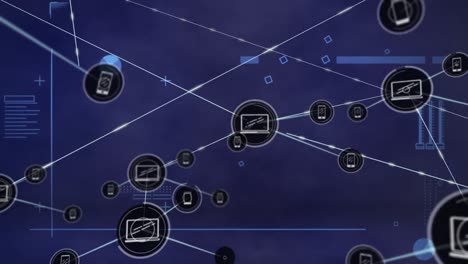 Animation-of-laptop-and-profile-icons-interconnecting-with-lines-against-infographic-interface