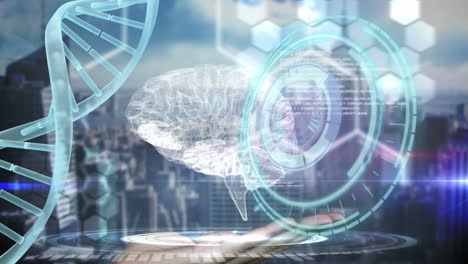 animation of scope scnanning, dna strand andhand holding digital brain model over cityscape