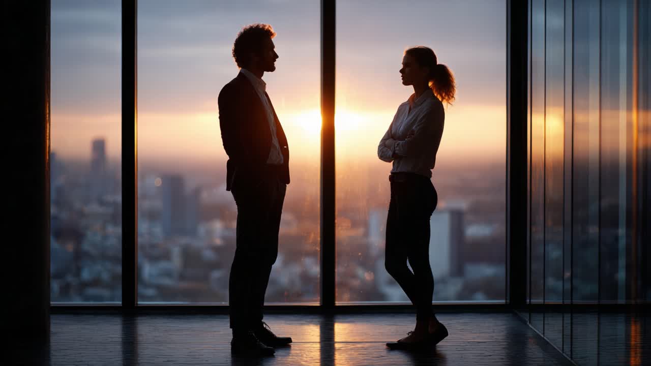 Silhouette di due professionisti impegnati in una conversazione al tramonto sullo sfondo dello skyline di una città, che riflettono idee di collaborazione e ambizione in un ambiente mozzafiato