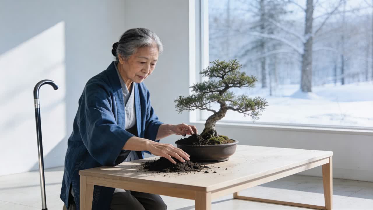 Người phụ nữ lớn tuổi châu Á đang chăm sóc cây cảnh bonsai, làm đất trên bàn cạnh cửa sổ phủ tuyết để duy trì cây.