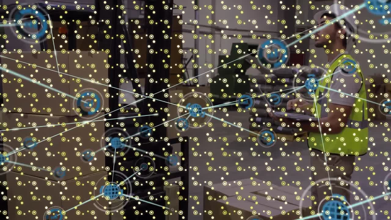 창고에서 일하는 사람 위의 아이콘과 연결의 패턴과 네트워크의 애니메이션