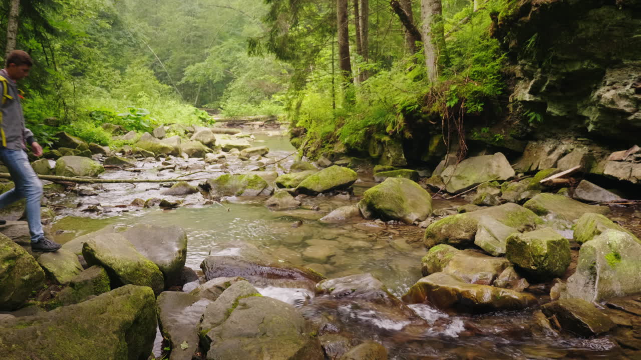 젊은 남성 관광객이 숲 4k 비디오에서 산 강을 건너다