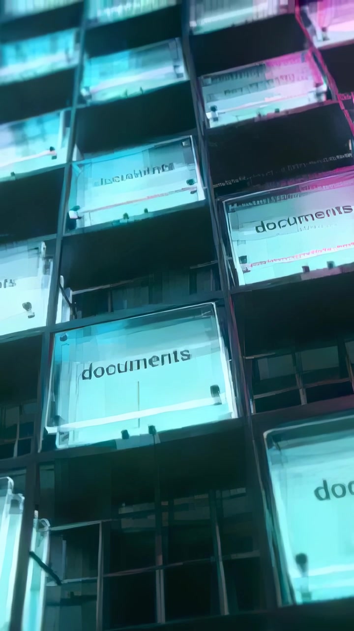 Vertical video: Tilting camera revealing modular grid in archive, with panels labeled 'documents'