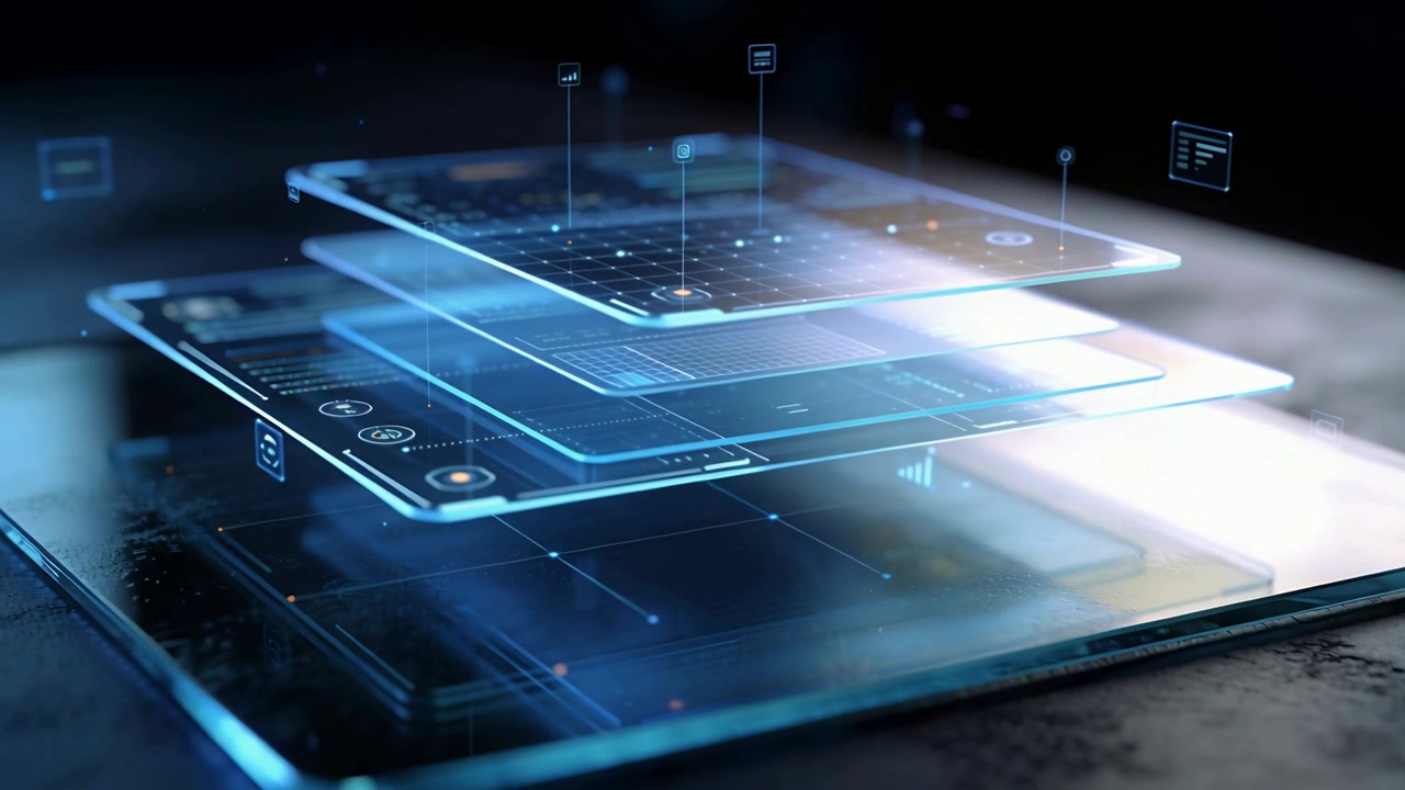 Pulsing cyan holographic UI lifting above glass tablet in dark studio, revealing layers and pins