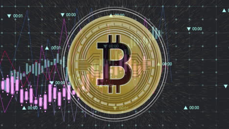 animación del procesamiento de datos y el símbolo de bitcoin sobre fondo negro