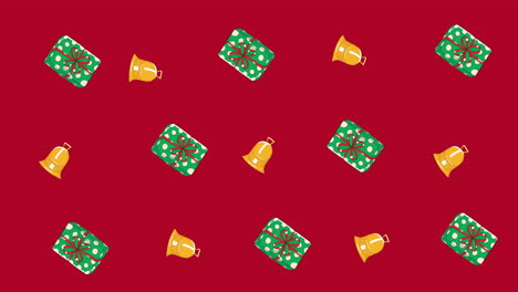 multiple christmas presents and bells moving against red background