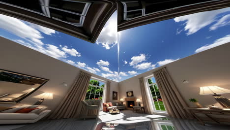 living room with an upside-down sky ceiling