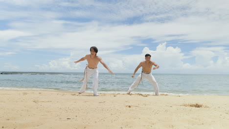 dos hombres bailando capoeira en la playa