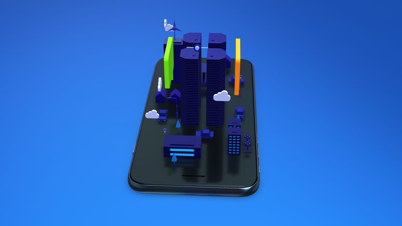 Online Chat Symbol In Smart City. Skyscrapers On Smart Phone. Perfect Loop.