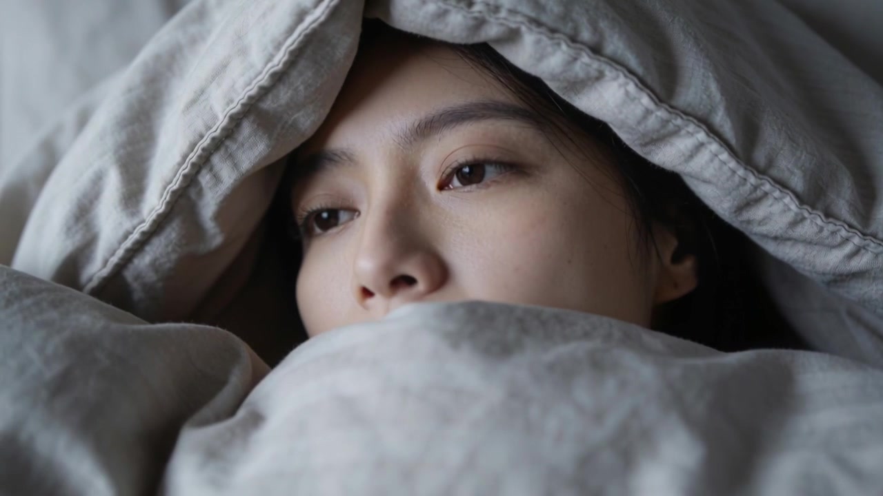 朝の光にまばたきしながら反応するアジア人女性が、ベッドでグレーの羽毛布団にくるまり、眠りに落ちていく。