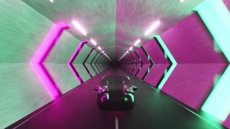 flying robot behind the wheel of a futuristic car in a long tunnel. back view. artificial intelligence and the concept of the future. seamless loop 3d render.