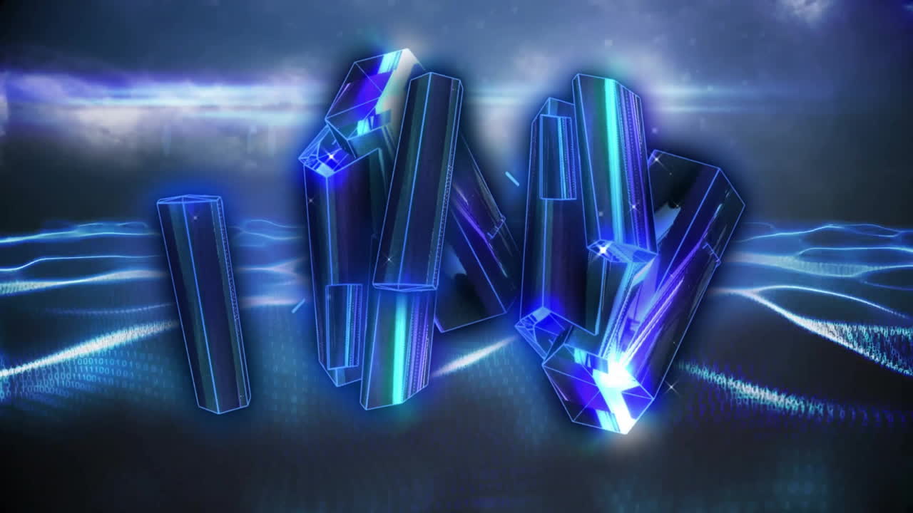 Glowing crystals and light beams animation over abstract digital waves