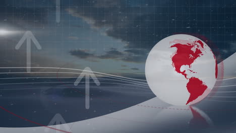 animation of spinning globe and arrow icons moving upwards against clouds in the sky