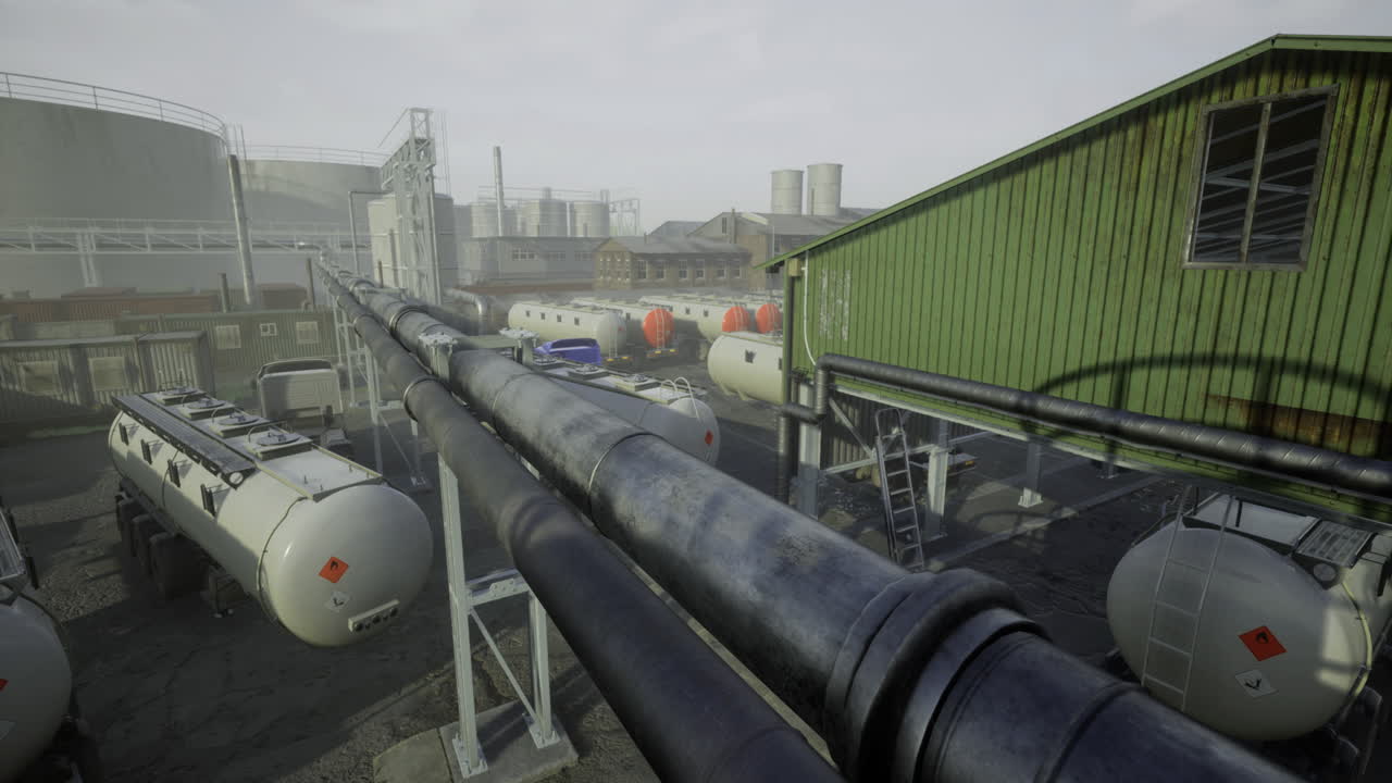 Industrial landscape with pipelines and storage tanks during a foggy morning