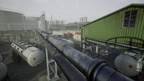 industrial landscape with pipelines and storage tanks during a foggy morning