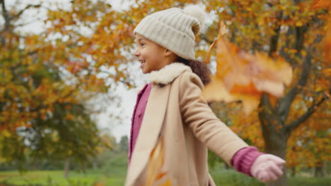 Junges-Mädchen,-Das-Spaß-Daran-Hat,-Bei-Einem-Spaziergang-In-Der-Landschaft-Herbstblätter-In-Die-Luft-Zu-Werfen-–-Aufgenommen-In-Zeitlupe