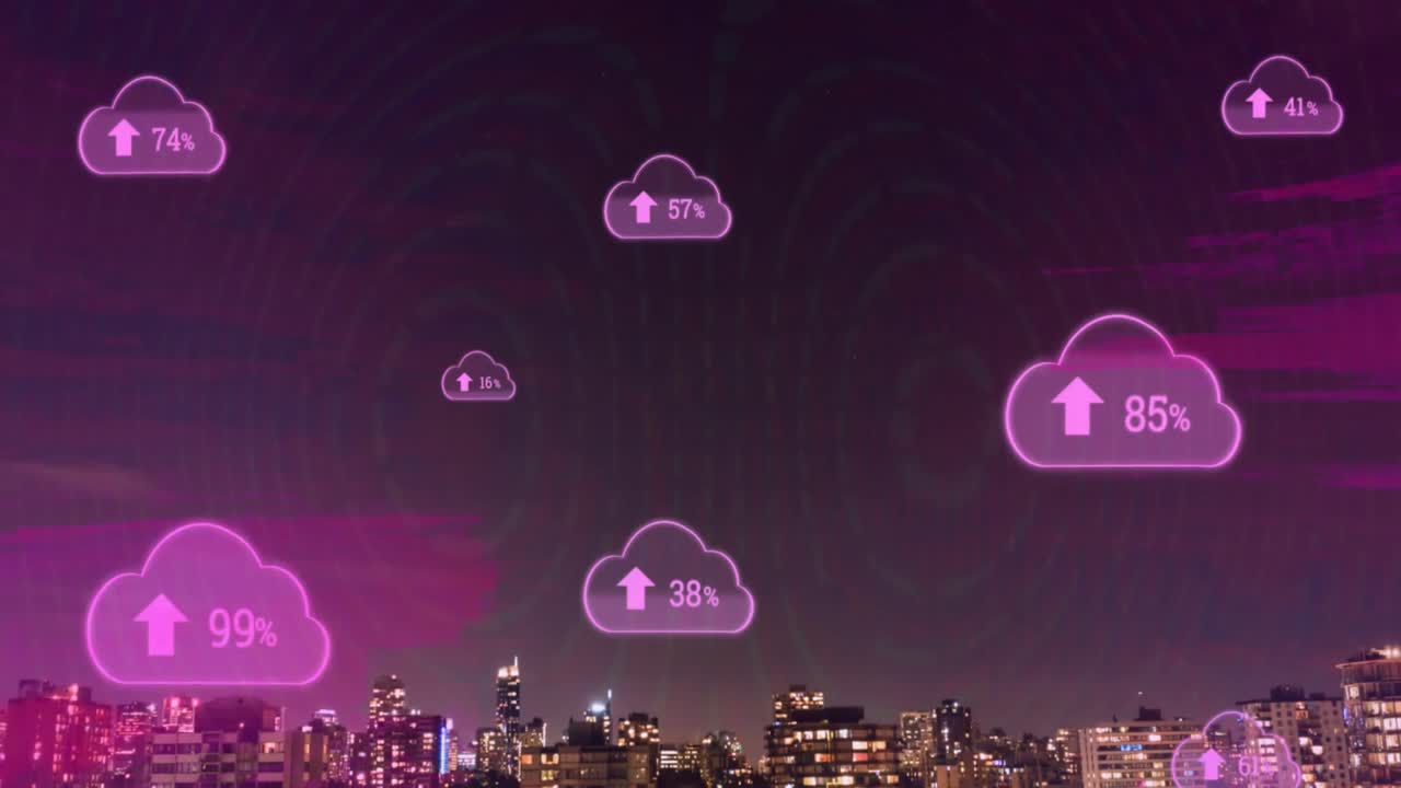 animación de nubes con porcentaje sobre el paisaje urbano