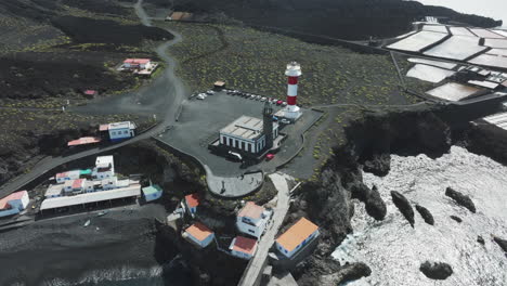 Sunny-Day-at-Fuencaliente-Salt-Pans-and-Lighthouse:-Aerial-Imagery,-La-Palma