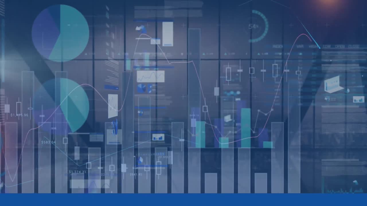 Animation of statistics and financial data processing over cityscape