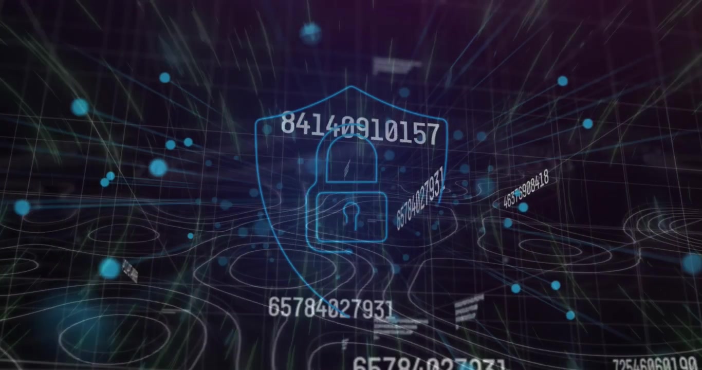 Animation of flying dots and live count with padlock and shield against abstract pattern