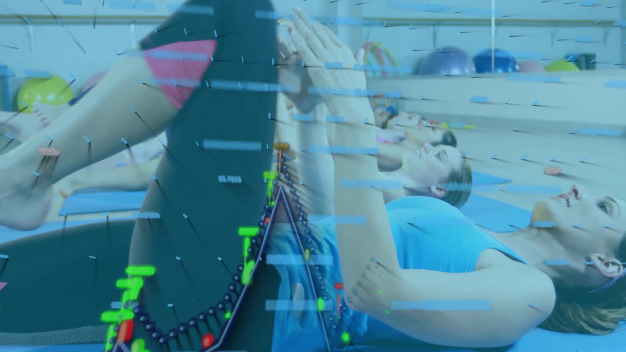 다양한 여성 그룹이 스트레칭 운동을 하는 금융 데이터 처리의 애니메이션