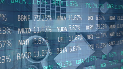 animation of stock market data processing over close up of office equipment on wooden surface
