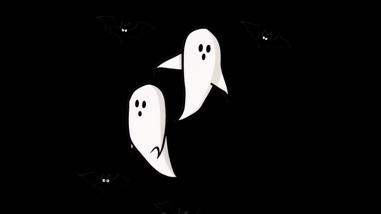 Playful ghosts with flying bats animated overlay, transparent 4K video, alpha channel, ProRes 4444
