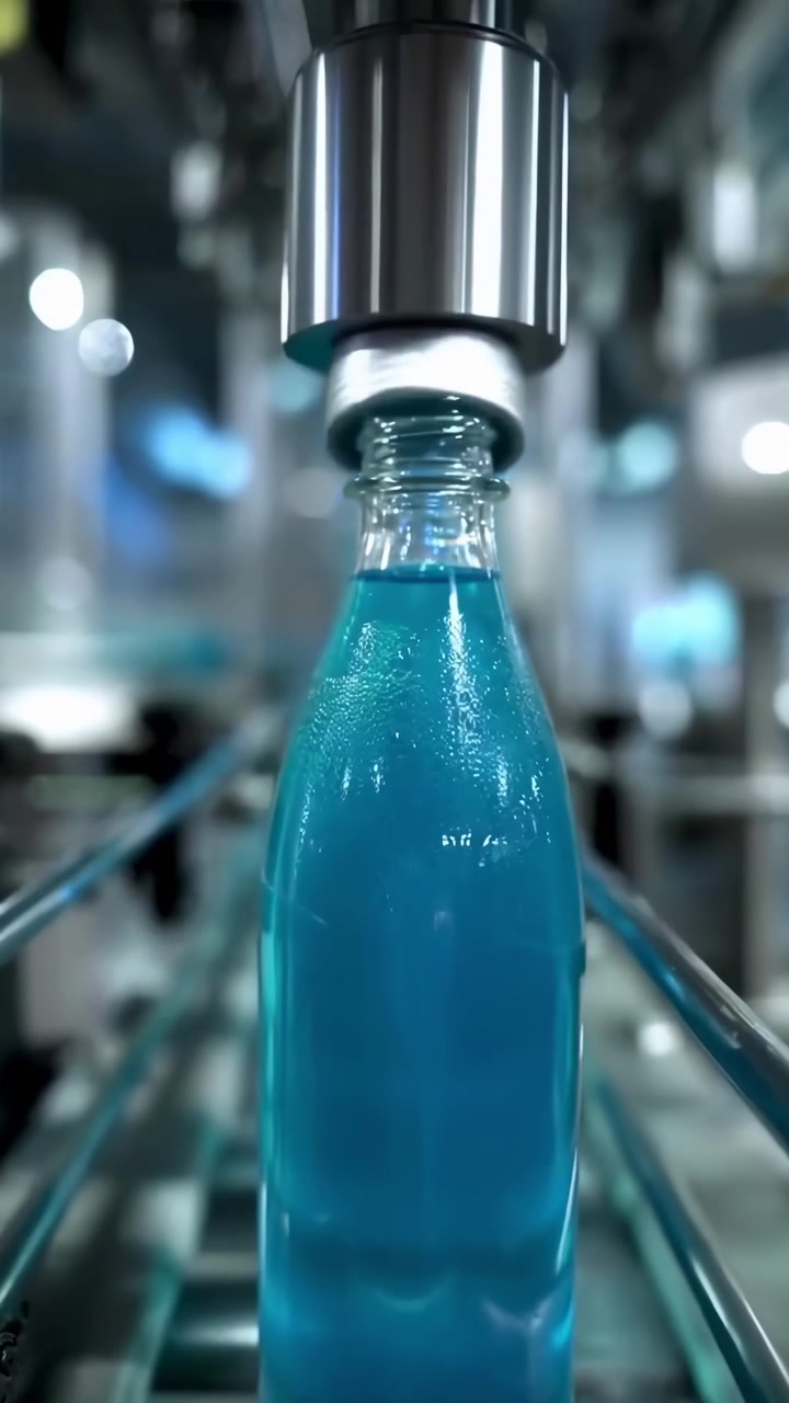 Automated Bottling Line Filling and Capping Blue Liquid