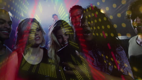 group of friends using smartphone in club, with floating app icons and technology chart overlays