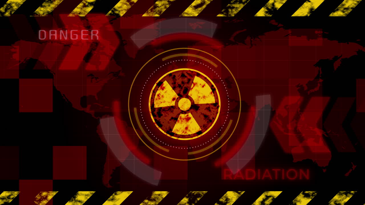Glowing nuclear symbol. Red screen with message of radioactive danger. Flashing animated elements with world map. Looped seamless.