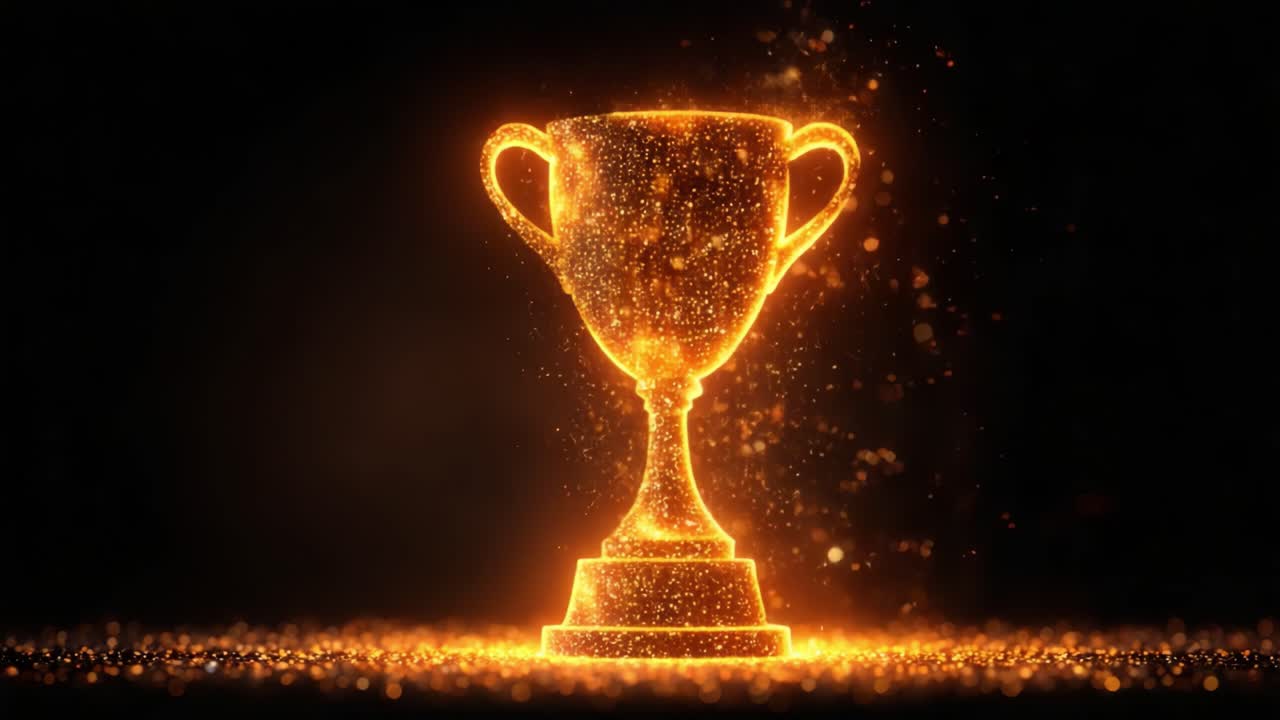 Glowing trophy sparkles with golden brilliance, showcasing excellence and achievement, set against a dark backdrop that enhances its shimmering presence and allure