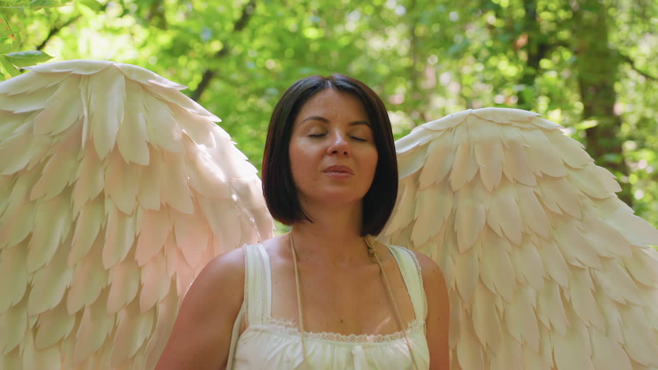 Woman dressed as angel with glowing white wings stands among trees in bright forest light, gently tapping small drum, expression serene and spiritual, atmosphere filled with warmth