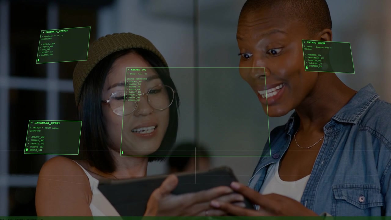 Two women leaning over tablet, left scrolling, causing HUD panels framing faces for tech