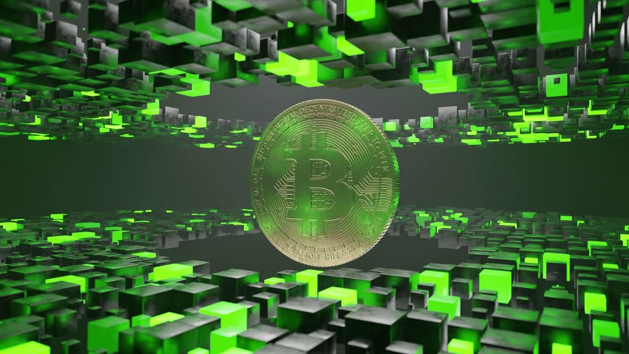 Bitcoin coin floating inside abstract tunnel of black and green cubic blocks. 3D digital cryptocurrency symbol. Blockchain and virtual currency concept.