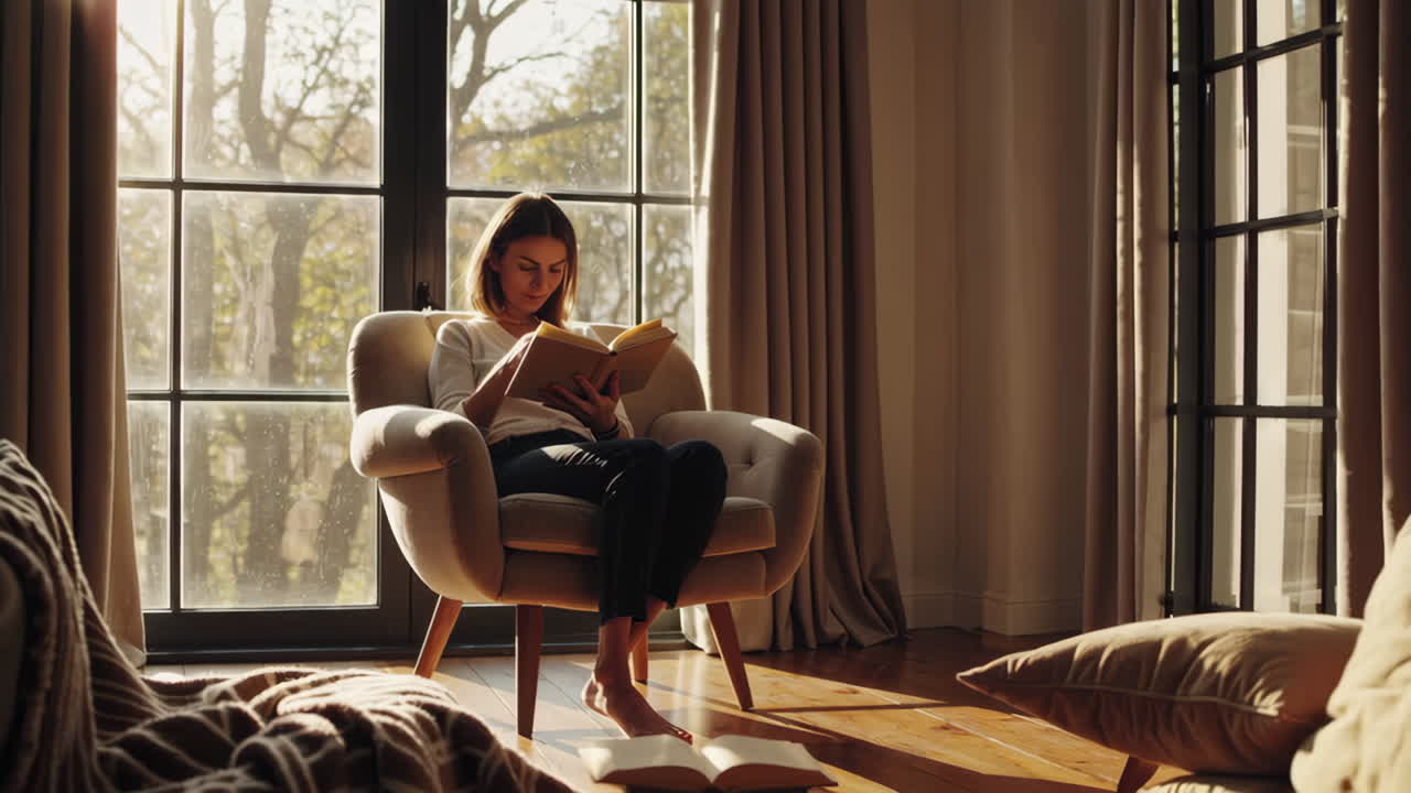 Woman Reading a Book in a Cozy Living Room