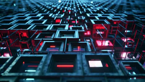 3D animation of colorful glass rows of cubes floating through the prog in 4K, creating an abstract graphic background technology texture. Seamless loop 3d render. Blue red color