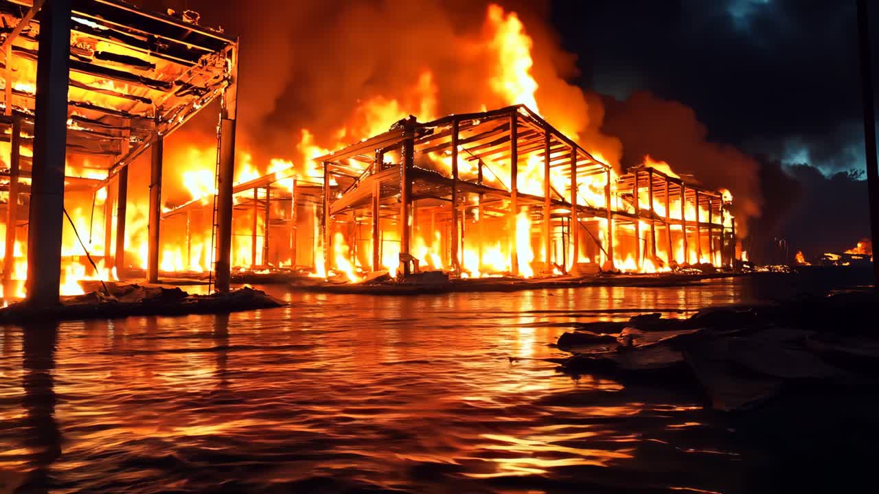 물체의 한가운데에 불타는 큰 건물