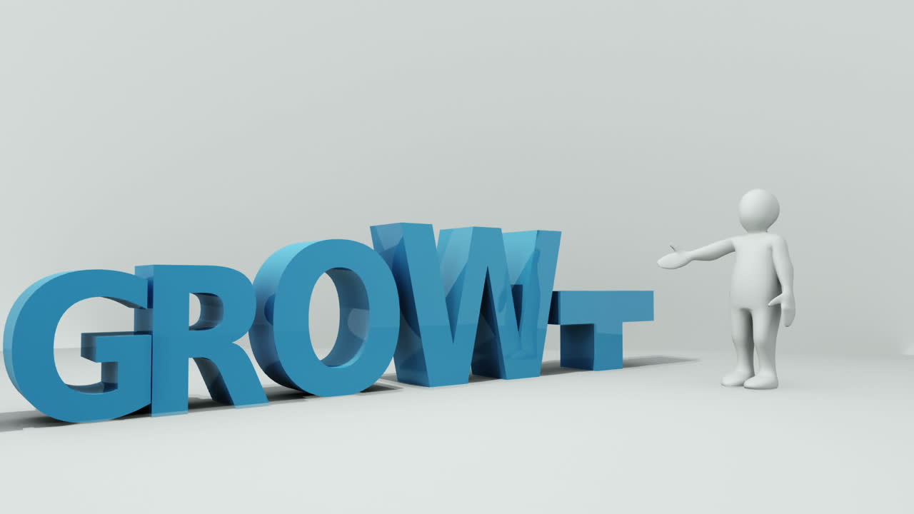 Ascending letters spelling the word growth beside a model of a child