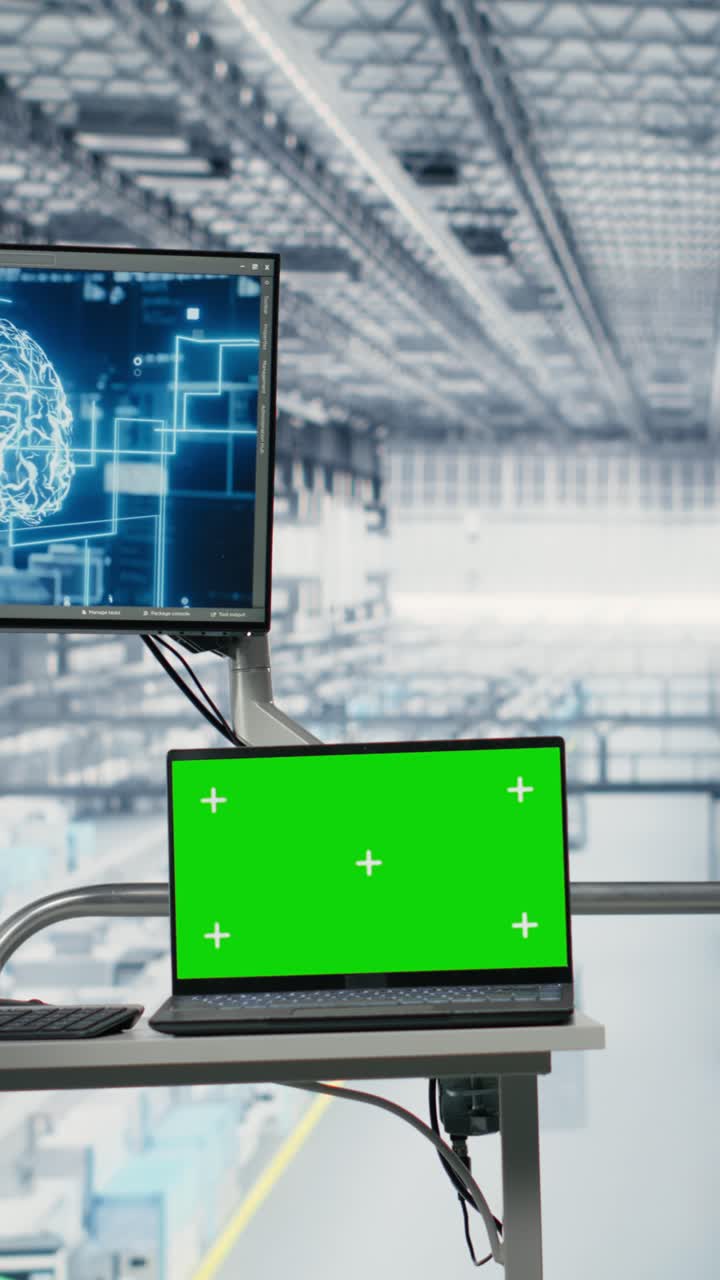 Video verticale: notebook con schermo isolato utilizzato da colleghi per monitorare una fabbrica di semiconduttori
