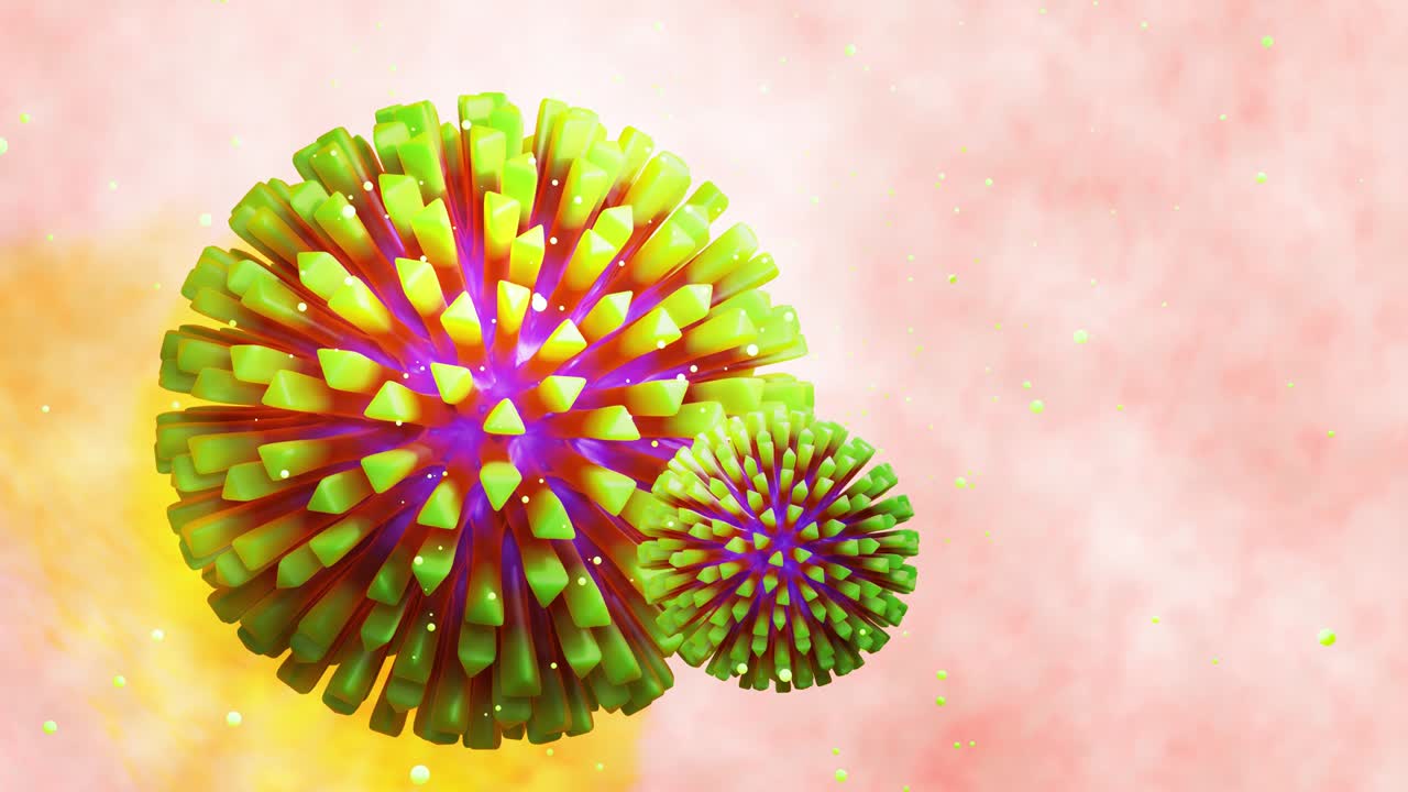 modelo 3d de coronavirus verde en la membrana mucosa. animación suave en bucle de 4k el virus flota en líquido. fondo microbiológico científico, representación 3d del virus. colores azul verde 9