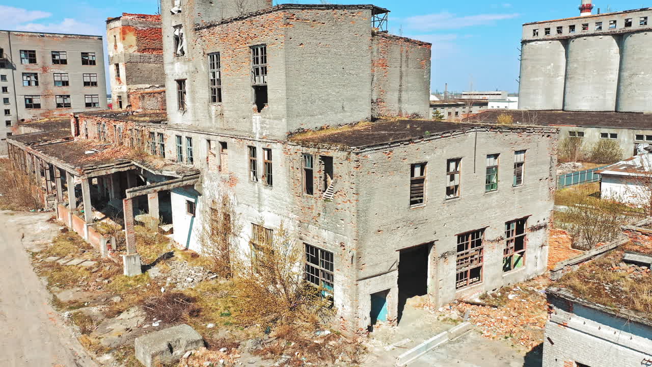Abandoned ruined industrial factory building, ruins and demolition concept. Aerial view