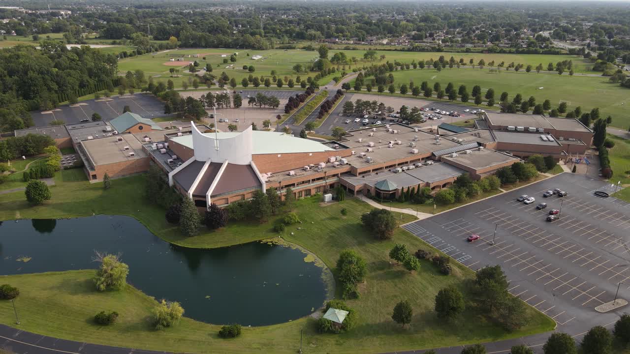Massive building of Bethesda Christian Church in Michigan, USA, aerial drone view