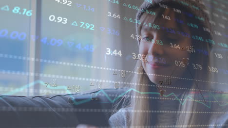 Animation-of-multicolored-trading-board-over-smiling-caucasian-woman-chatting-using-cellphone