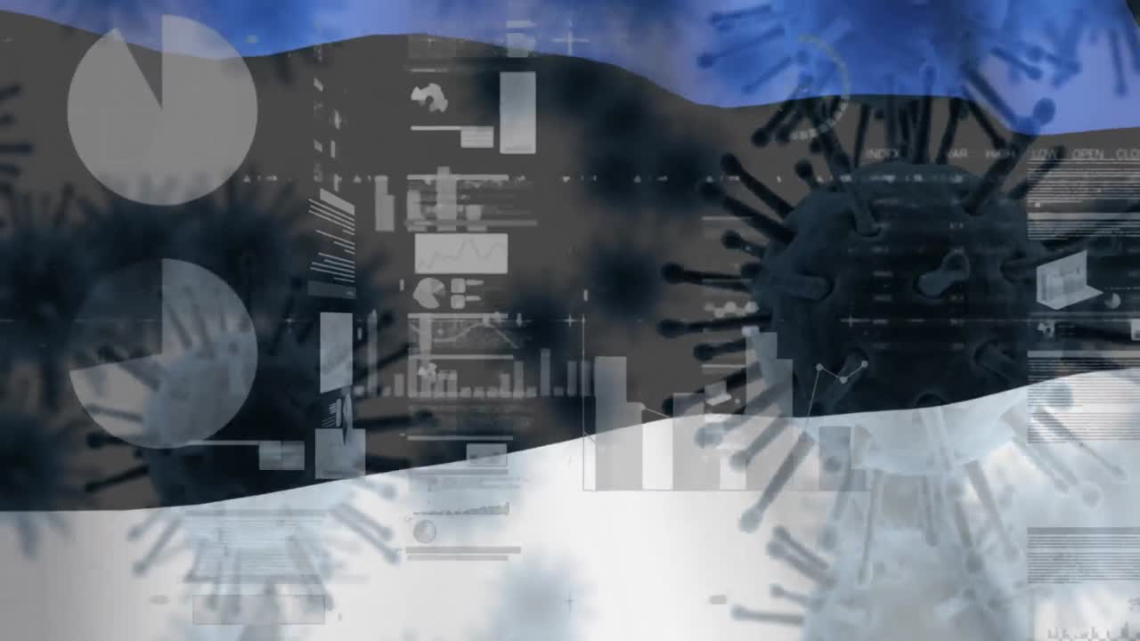 el macro virus de la corona se propaga con la bandera estonia ondeando en el fondo