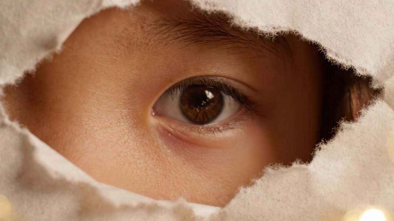 Un regard rapproché à travers du papier déchiré révélant un œil captivant, évoquant la curiosité et l'intrigue dans une perspective unique de découverte.