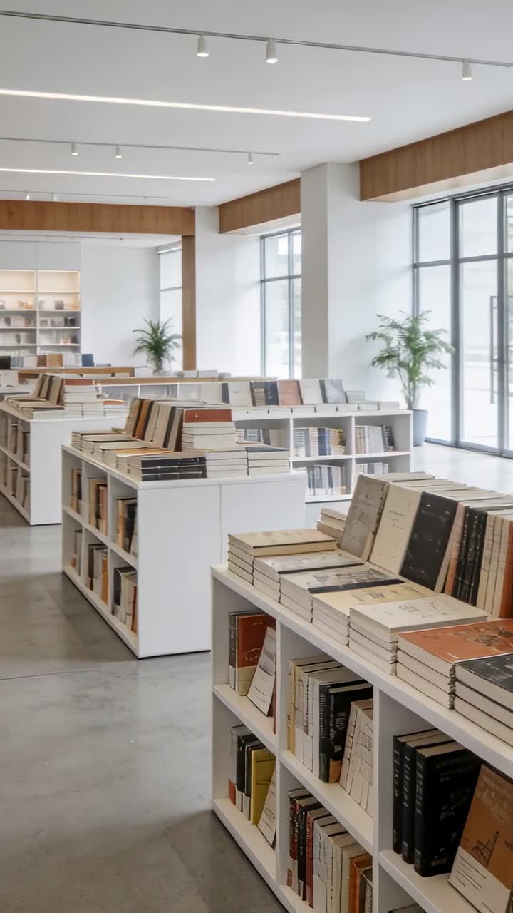 Vertical video: Panning camera revealing low white bookshelves and stacked books in bookstore
