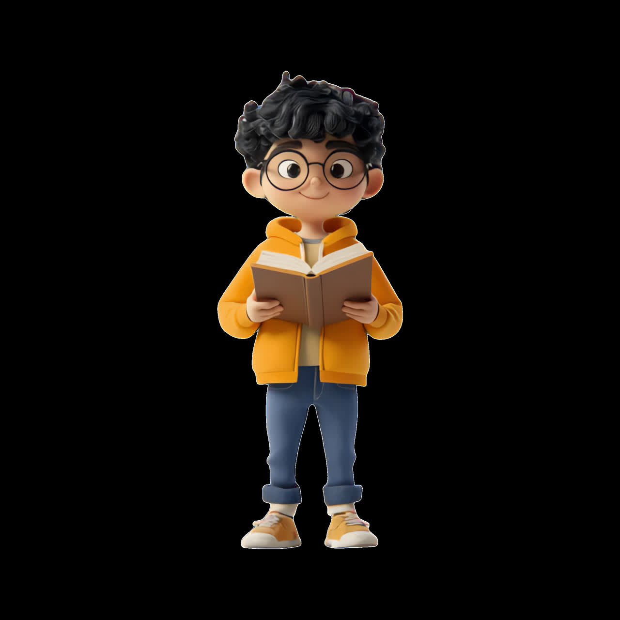 Cartoon boy reading book animation isolated asset, transparent 4K video, alpha channel, ProRes 4444