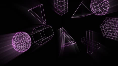 Animation-of-glowing-3d-shapes-moving-on-black-background